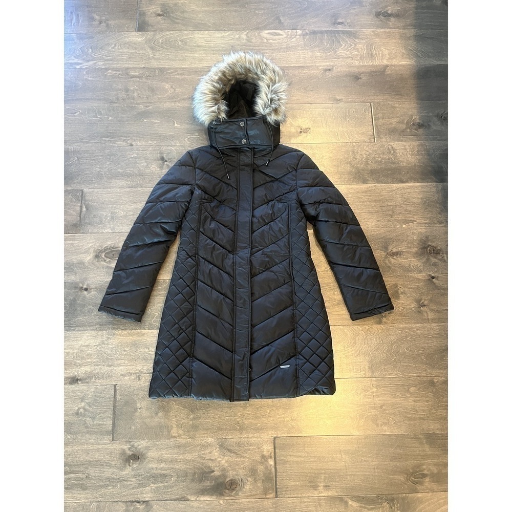 NWOT Kenneth Cole Black Faux Fur-Trim Hooded Puffer Coat, Medium